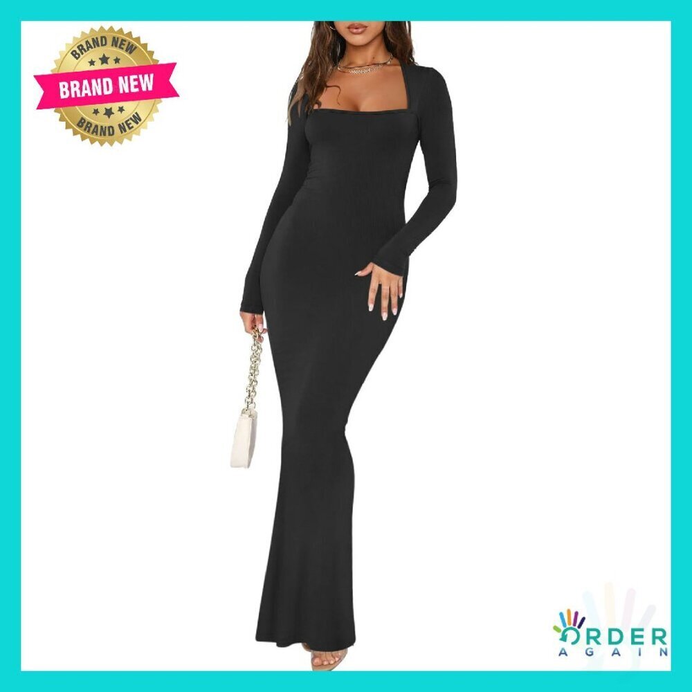 Ribbed Bodycon Maxi Dress Long Sleeve Square Neck Elegant Chic Formal